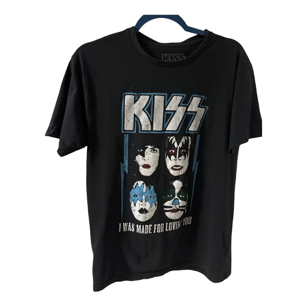 Kiss Black Short Sleeve Graphic Tee with Blue and Silver Print